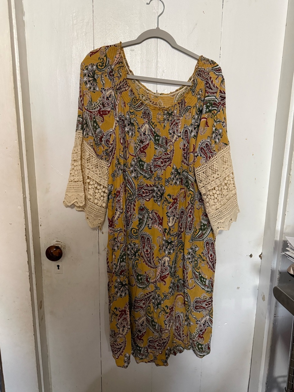 Paisley Crochet-Sleeve Midi Dress in Mustard
